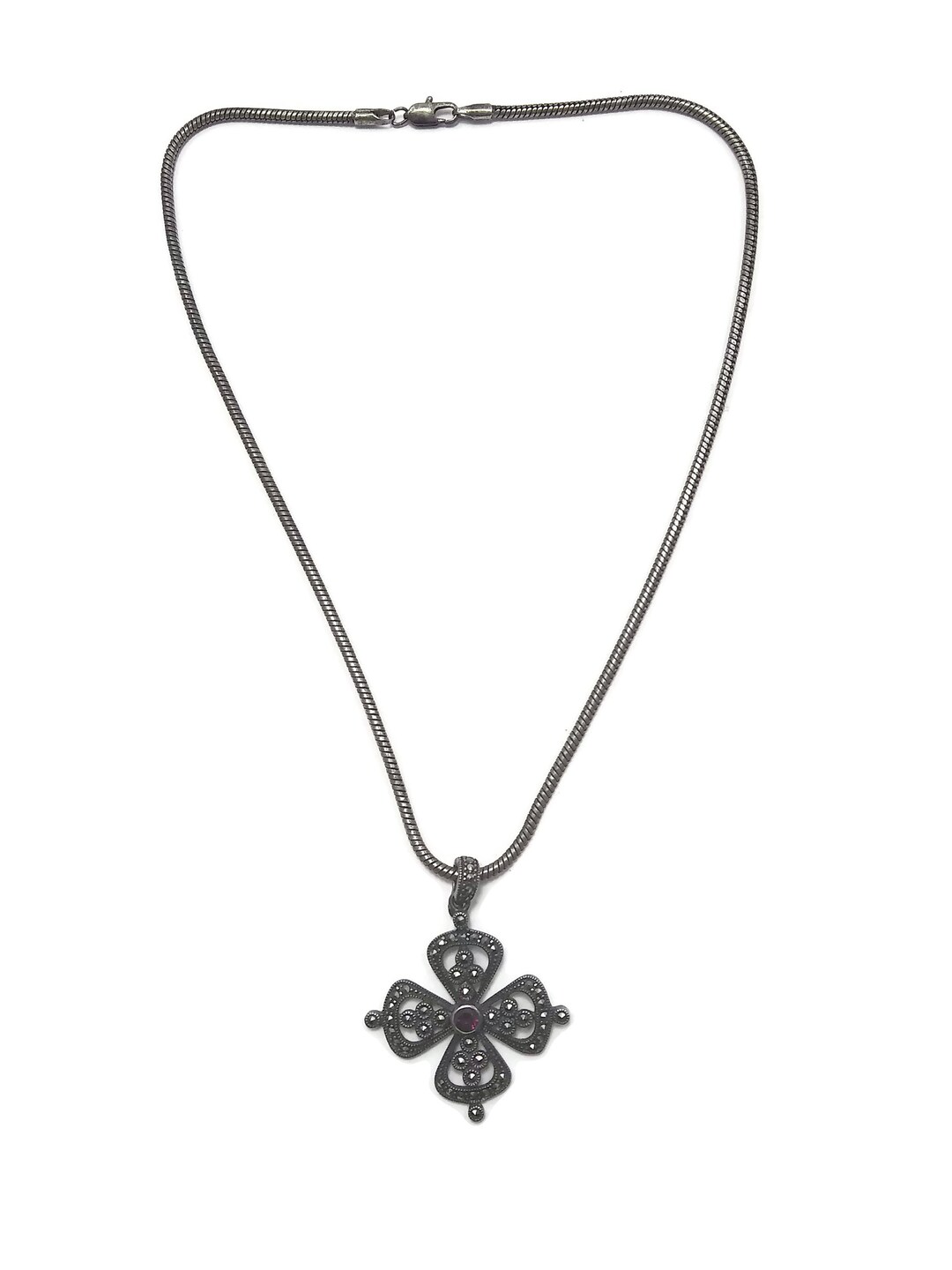 Vintage Sterling Silver Garnet and Marcasite Maltese Cross Pendant on ...