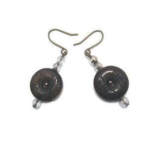 Opaque Brownish Green Jade Carved Jade Disk Bead, Glass Beads and Gold Tone Dangle Earrings with Hook Backs for Pierced Ears.