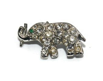 Vintage Silver Tone and Clear Rhinestones Small Elephant Brooch.