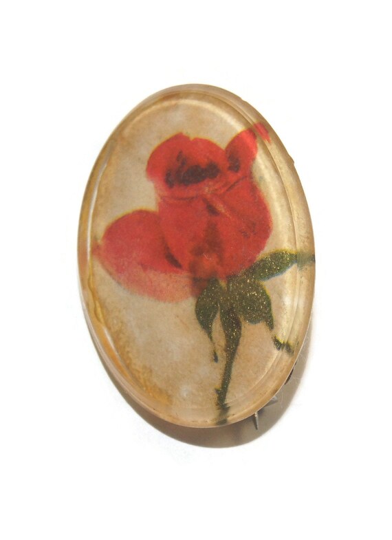 Vintage Red Rose in Clear Resin Oval Brooch. - image 6