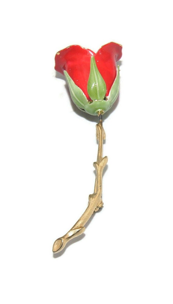 Vintage Gold Tone and Red Enamel Rose Brooch. - image 3