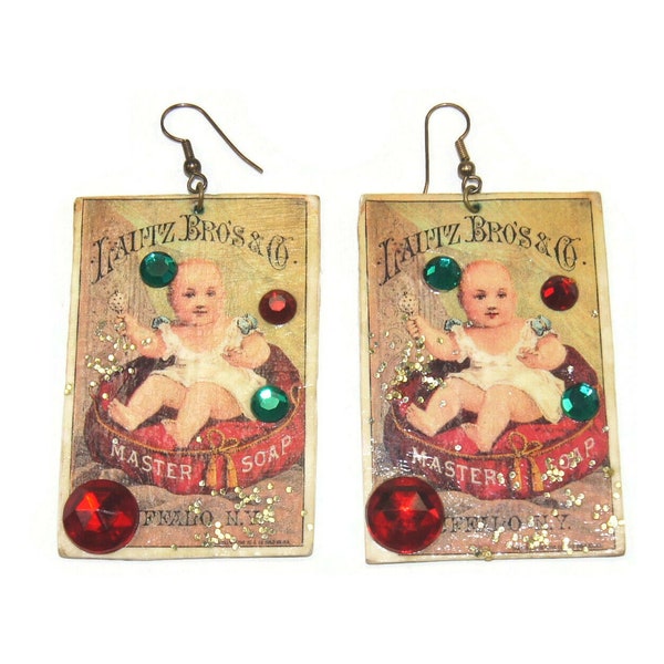 Antique Lautz Bros & Co Buffalo, NY Master Soap Trade Cards Made into Dangle Earrings with Hook Backs for Pierced Ears.