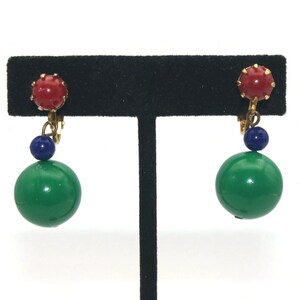 Vintage Gold Tone with Red, Blue and Green Plastic Beads Clip on Dangle Earrings.