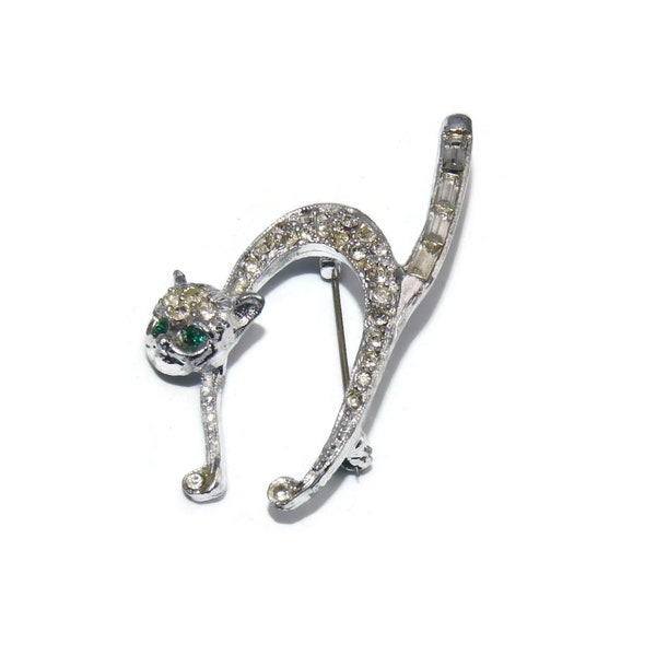 Vintage Silver Tone Scared Cat Brooch with Green Rhinestone Eyes and Clear Rhinestones Brooch