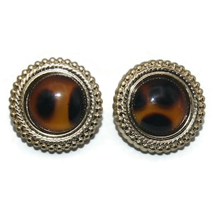 Vintage Gold Tone Plastic Round Clip on Earrings with Faux Tortoise Shell Cabochons. Red and Black Resin.
