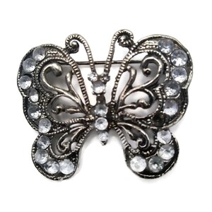 Vintage Silver Tone Filigree and Clear Rhinestones Butterfly Brooch. Figural Butterfly Brooch.
