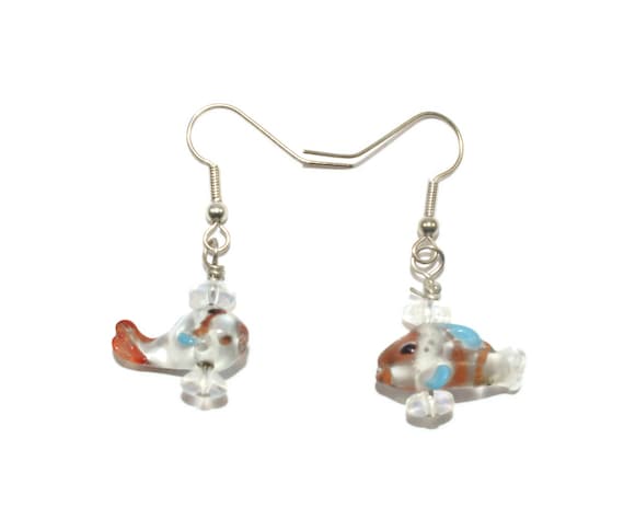 Cute Murano Glass Fish Earrings with Silver Tone … - image 1