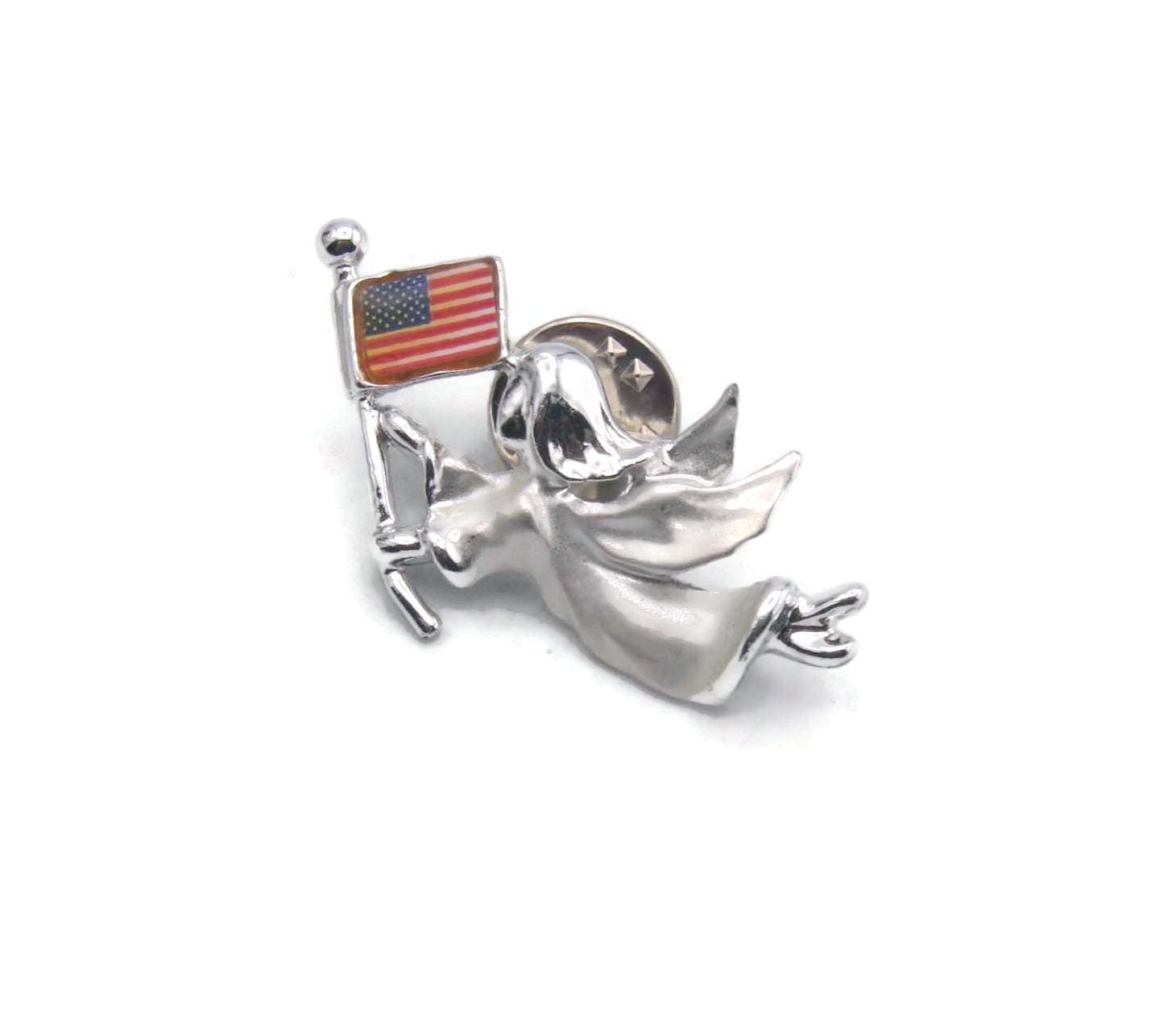 Vintage Guardian Angel With US Flag Lapel Pin, Silver Tone Figural