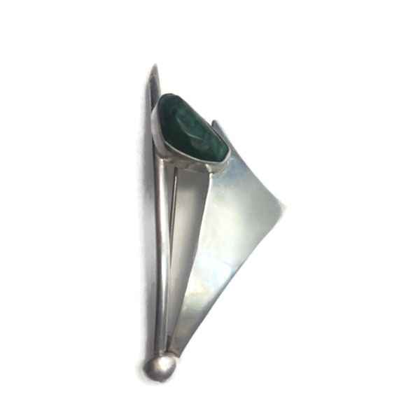 Israel Sterling Silver and Eilat Modernist Brooch Pin. Hallmarked MADE IN ISRAEL 925 on Back. Green Stone, Silver Pin, Green Eilat.