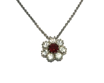 Vintage Silver Tone with Red and Clear Glass Rhinestones Floral Pendant on 18 Inch Silver Tone Chain with Spring Ring Clasp.