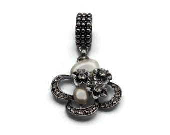 Vintage Silver Tone, Faux Pearls and Clear Rhinestones Decorative Scarf Slide.