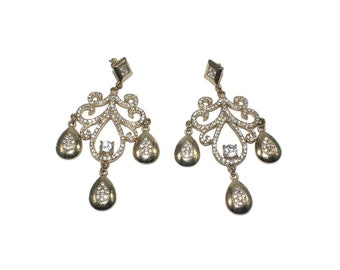 Large Vintage Gold Tone and Rhinestones Chandelier Dangle Earrings with Post Backs for Pierced Ears.
