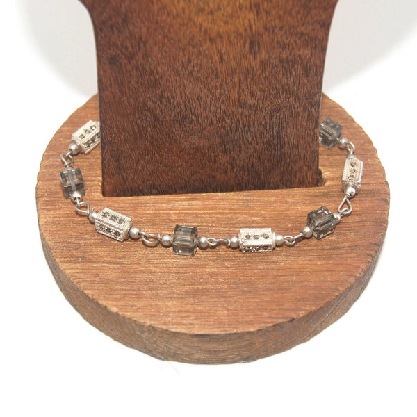 Vintage Sterling Silver, Gray Crystal and Marcasite 8 Inch Link Bracelet with a Lobster Claw Clasp.