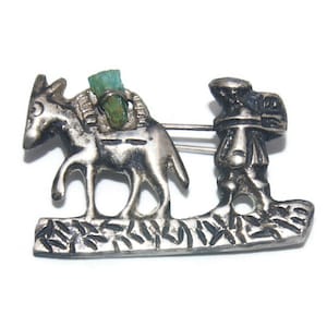 Vintage Ramirez 900 Silver and Natural Emerald Man and Donkey Brooch. 0900 Ramirez Hallmark.