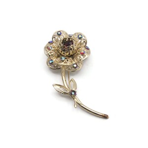 Sarah Coventry Brooch Vintage Gold Tone Flower Brooch with Red and Red AB Rhinestones Fashion Brooch Gift for Her