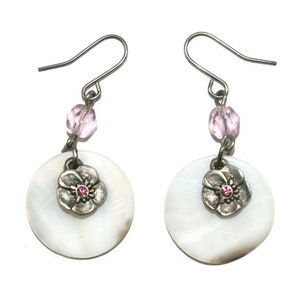 Vintage Mother of Pearl Disk and Silver Tone Flower with Pink Rhinestone Center Dangle Earrings with Hook Backs for Pierced Ears.