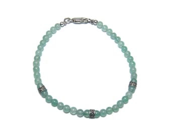 Vintage Sterling Silver, Marcasite and Light Green Jade Beaded Bracelet with Lobster Claw Clasp.