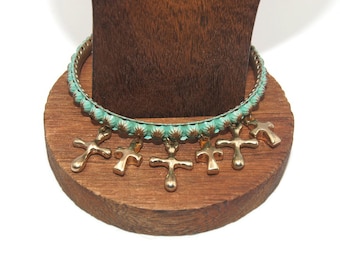 Vintage Gold Tone and Green Enamel Charm Bangle 8 Inch Bracelet with Cross Charms.