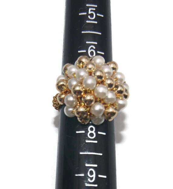 Vintage Gold Tone and Faux Pearls Domed Adjustabl… - image 3