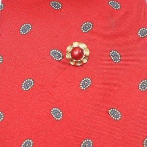 Vintage Gold Tone and Red Plastic Cabochon Tie Tack with Chain.