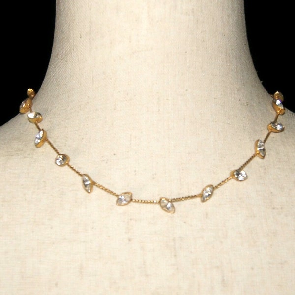 Vintage Napier Gold Tone and Clear Crystal Leaf 16-18 Inch Necklace with Lobster Claw Clasp. Napier Hallmark Tag.