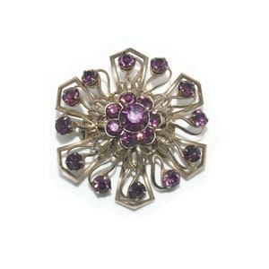 Vintage Gold Tone and Purple Amethyst Rhinestones Domed Brooch.