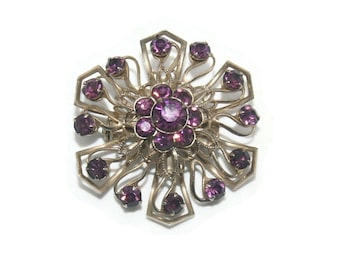 Vintage Gold Tone and Purple Amethyst Rhinestones Domed Brooch.
