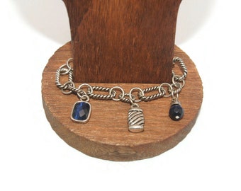 Vintage Silver Tone and Faceted Blue Resin 7 Inch Charm Bracelet with Lobster Claw Clasp.
