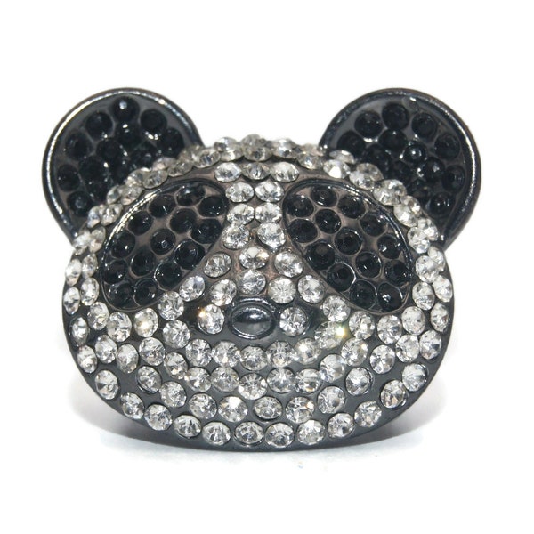 Vintage Gunmetal with Clear and Black Rhinestones Size 7 Panda Ring with Stretch Band.