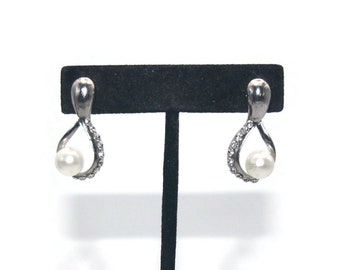 Fancy Vintage Silver Tone, Clear Rhinestones and Faux Pearls Stud Earrings with Post Backs for Pierced Ears.