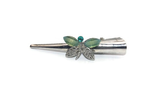 Vintage Silver Tone, Green Plastic and Green Rhin… - image 1