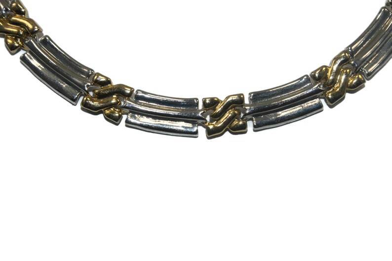Vintage Silver Tone and Gold Tone 16 Inch 2 Tone Choker Necklace with Hinged Clip Clasp.