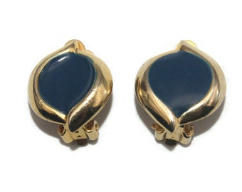 Boucles D'oreilles Clips Vintage - Émail Bleu Sur Or - Occasion