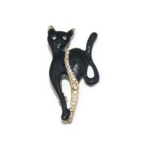 Vintage Gold Tone, Black Enamel and Clear Rhinestones Cat Brooch.