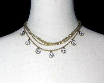 Gold Tone & Clear Rhinestones Beaded Necklace, Vintage 4 Strand Tiered Necklace. Gift for Her. Daily, Business, Evening Wear.