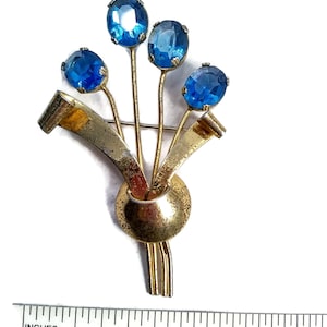 Vintage Retro Silver Gold Tone Vermeil with  Sapphire Blue Rhinestones. Floral Motif. 1940s. Great Gift for Her.