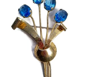 Vintage Retro Silver Gold Tone Vermeil with  Sapphire Blue Rhinestones. Floral Motif. 1940s. Great Gift for Her.