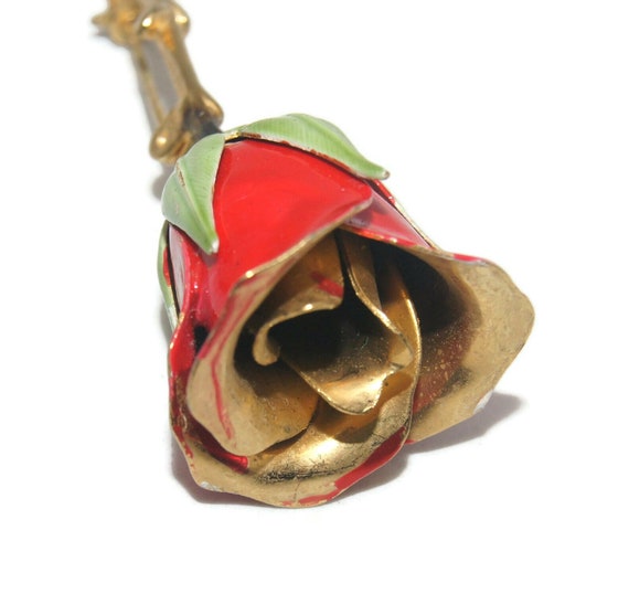 Vintage Gold Tone and Red Enamel Rose Brooch. - image 2