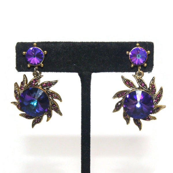 Vintage Julianna Style Gold Tone Blue Purple Rivoli and Purple Rhinestones Floral Dangle Clip On Earrings.