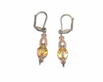 Vintage Silver Tone, Faux Pearls and Yellow Beaded Dangle Earrings with Latch Backs for Pierced Ears.