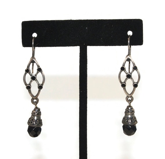 Vintage Sterling Silver and Onyx Dangle Earrings … - image 2