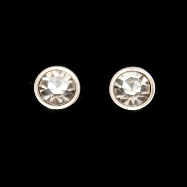 Vintage Jacmel Stainless Steel and Clear Crystals Round Stud Earrings with Post Backs for Pierced Ears. JCM Stainless Steel China Hallmark.