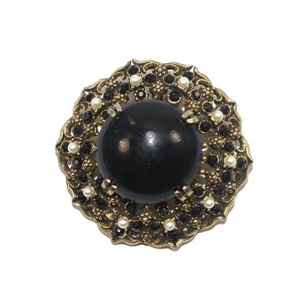 Vintage Hollycraft Gold Tone, Faux Pearls, Black Rhinestones and Black Resin Brooch. Hollycraft Hallmark.