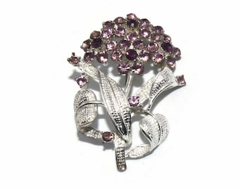 Beautiful Vintage Silver Tone Flower Bouquet Brooch with Purple and Pink Rhinestones.