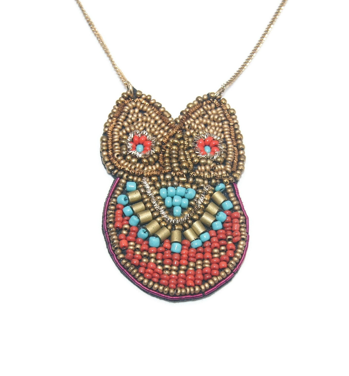 Vintage Artisan Made Beaded Owl Felt Backed Pendant on 30 Inch Gold Tone Chain with Lobster Claw Cla