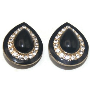 Vintage Gold Tone, Black Enamel and Clear Rhinestones Clip On Tear Drop Earrings.
