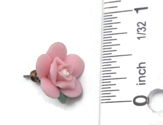 Vintage Silver Tone, Pink and Green Porcelain Rose Flower Stud Back Earrings for Pierced Ears. Ceramic Flower, Victorian Rose Earrings. View 5