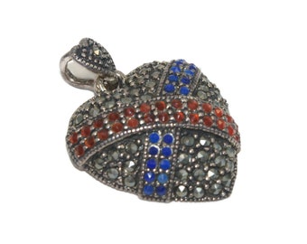 Art Deco Vintage Sterling Silver, Marcasite, Lapis and Garnet Heart Pendant. Marked 925 HAN.