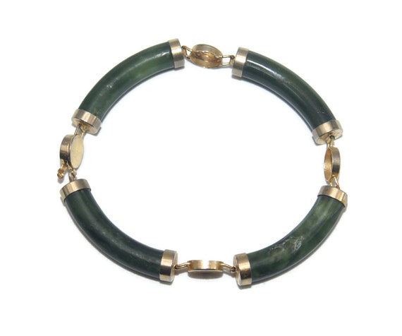Vintage Gold Tone and Jade 7 Inch Link Bracelet w… - image 5