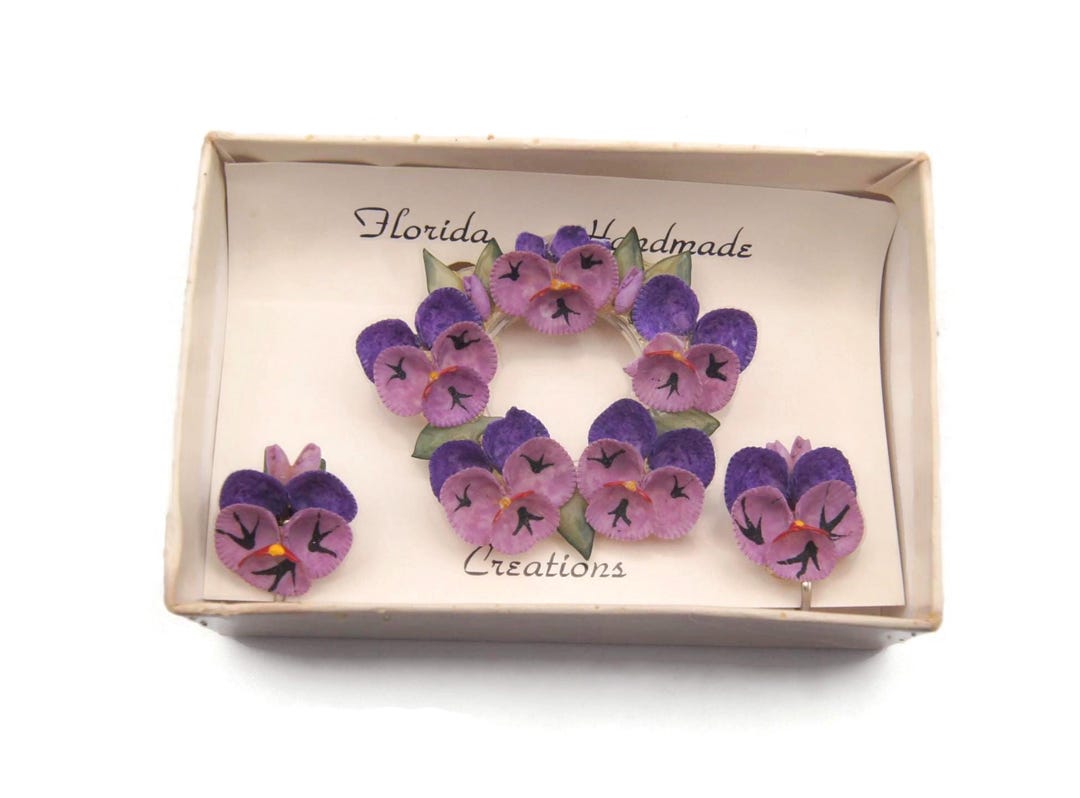 Vintage Florida Handmade Seashell Brooch Pin Brooch & Earring Set ...